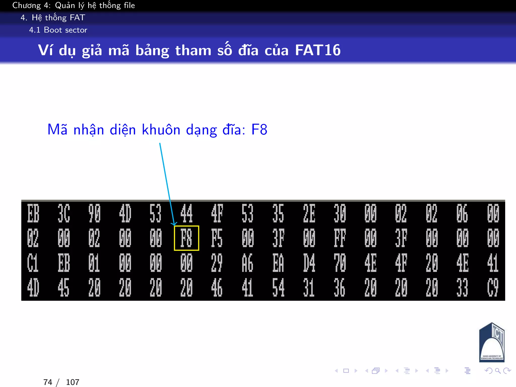 Chương 4: Quản lý hệ thống file
4. Hệ thống FAT
4.1 Boot sector
Ví dụ giả mã bảng tham số đĩa của FAT16
Mã nhận diện khuôn dạng đĩa: F8
74 / 107
 