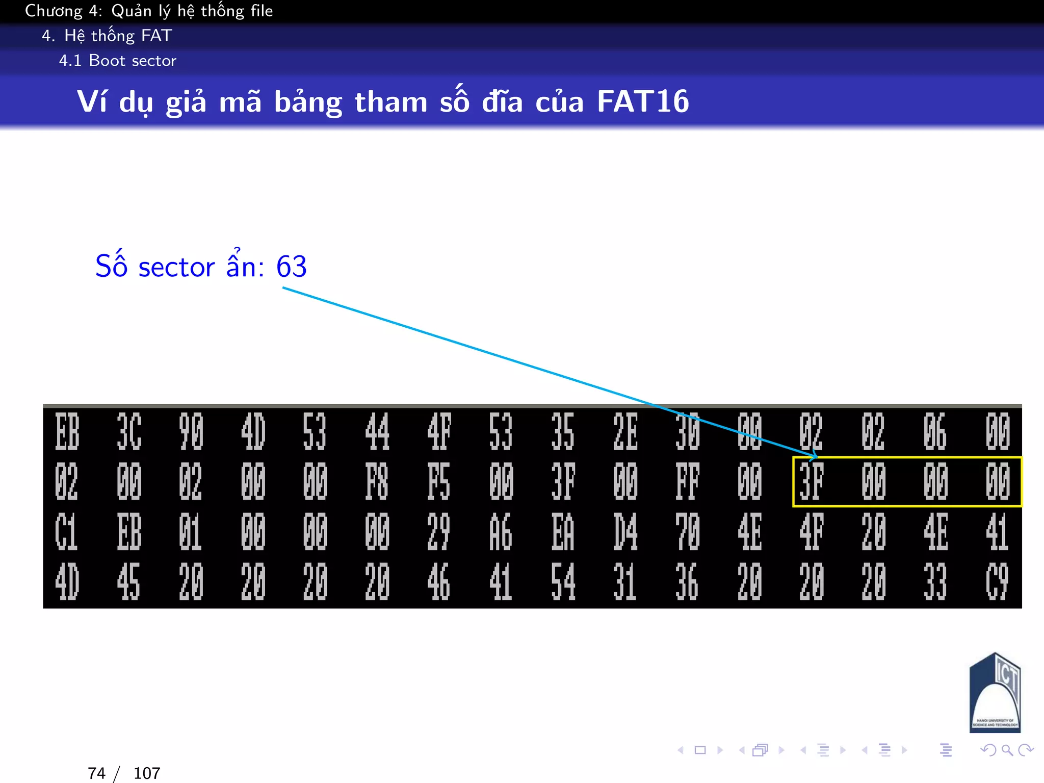 Chương 4: Quản lý hệ thống file
4. Hệ thống FAT
4.1 Boot sector
Ví dụ giả mã bảng tham số đĩa của FAT16
Số sector ẩn: 63
74 / 107
 