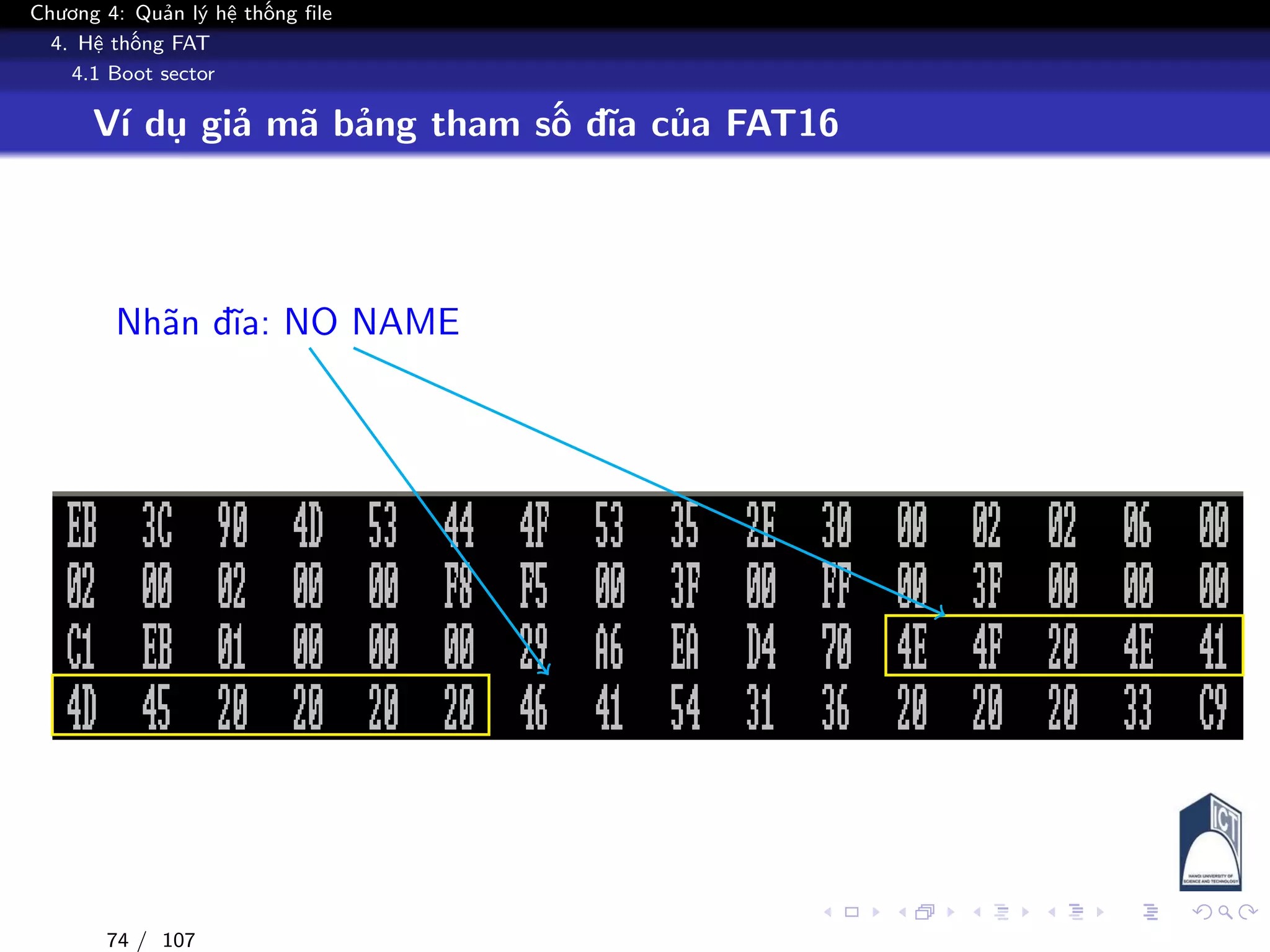 Chương 4: Quản lý hệ thống file
4. Hệ thống FAT
4.1 Boot sector
Ví dụ giả mã bảng tham số đĩa của FAT16
Nhãn đĩa: NO NAME
74 / 107
 