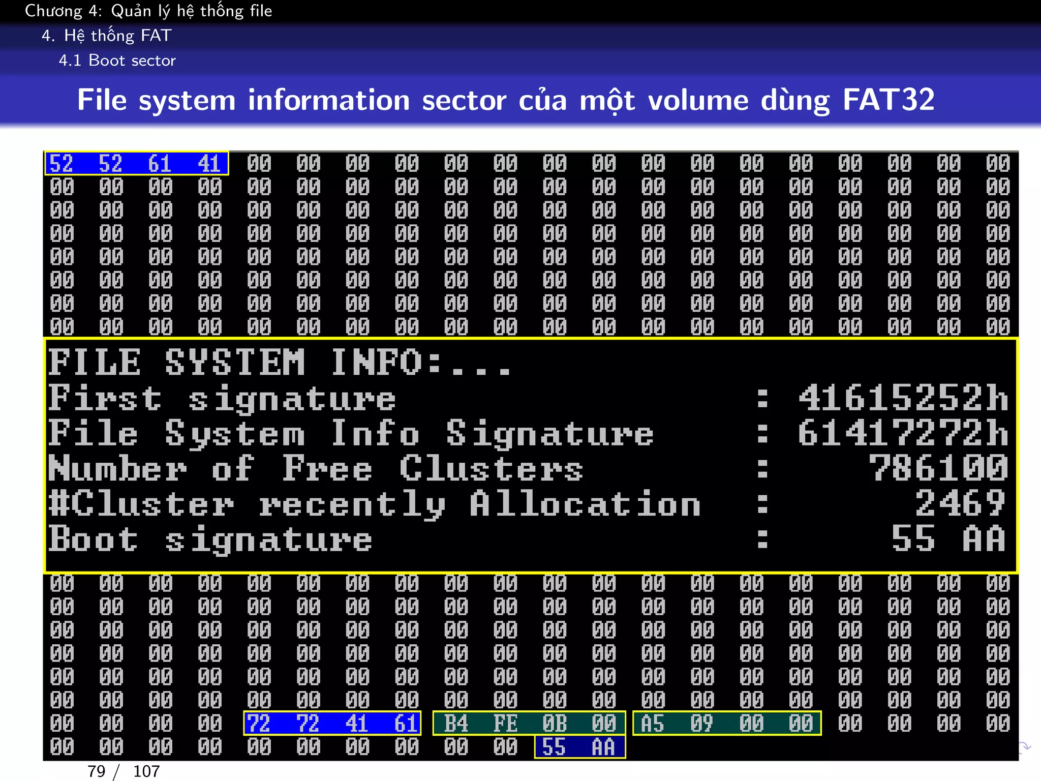 Chương 4: Quản lý hệ thống file
4. Hệ thống FAT
4.1 Boot sector
File system information sector của một volume dùng FAT32
79 / 107
 