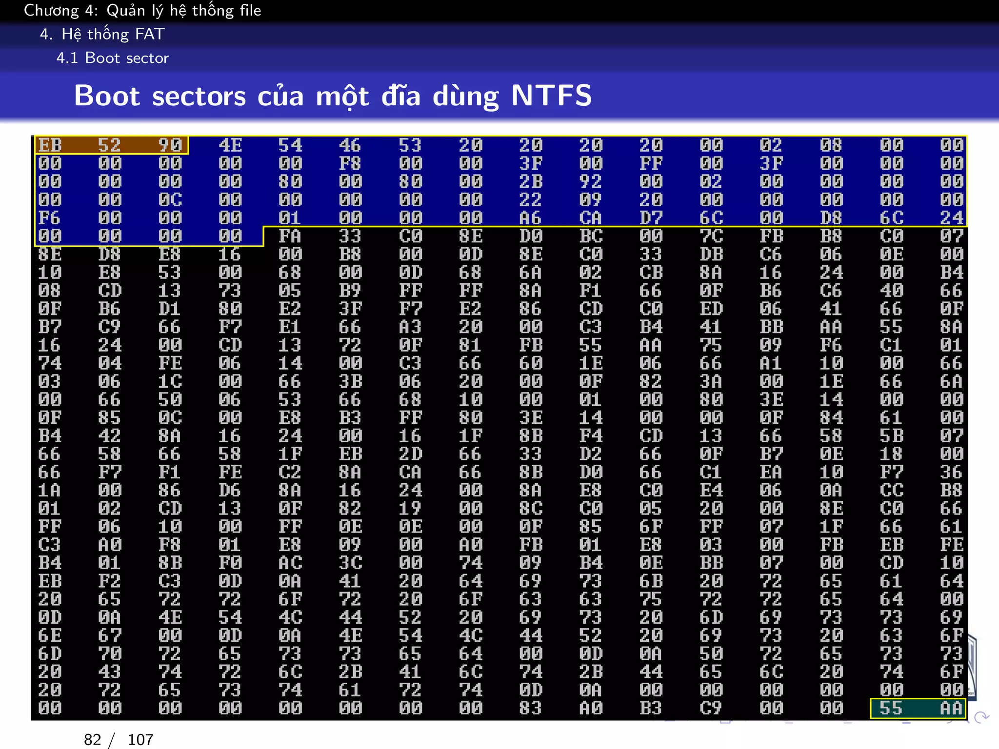 Chương 4: Quản lý hệ thống file
4. Hệ thống FAT
4.1 Boot sector
Boot sectors của một đĩa dùng NTFS
82 / 107
 