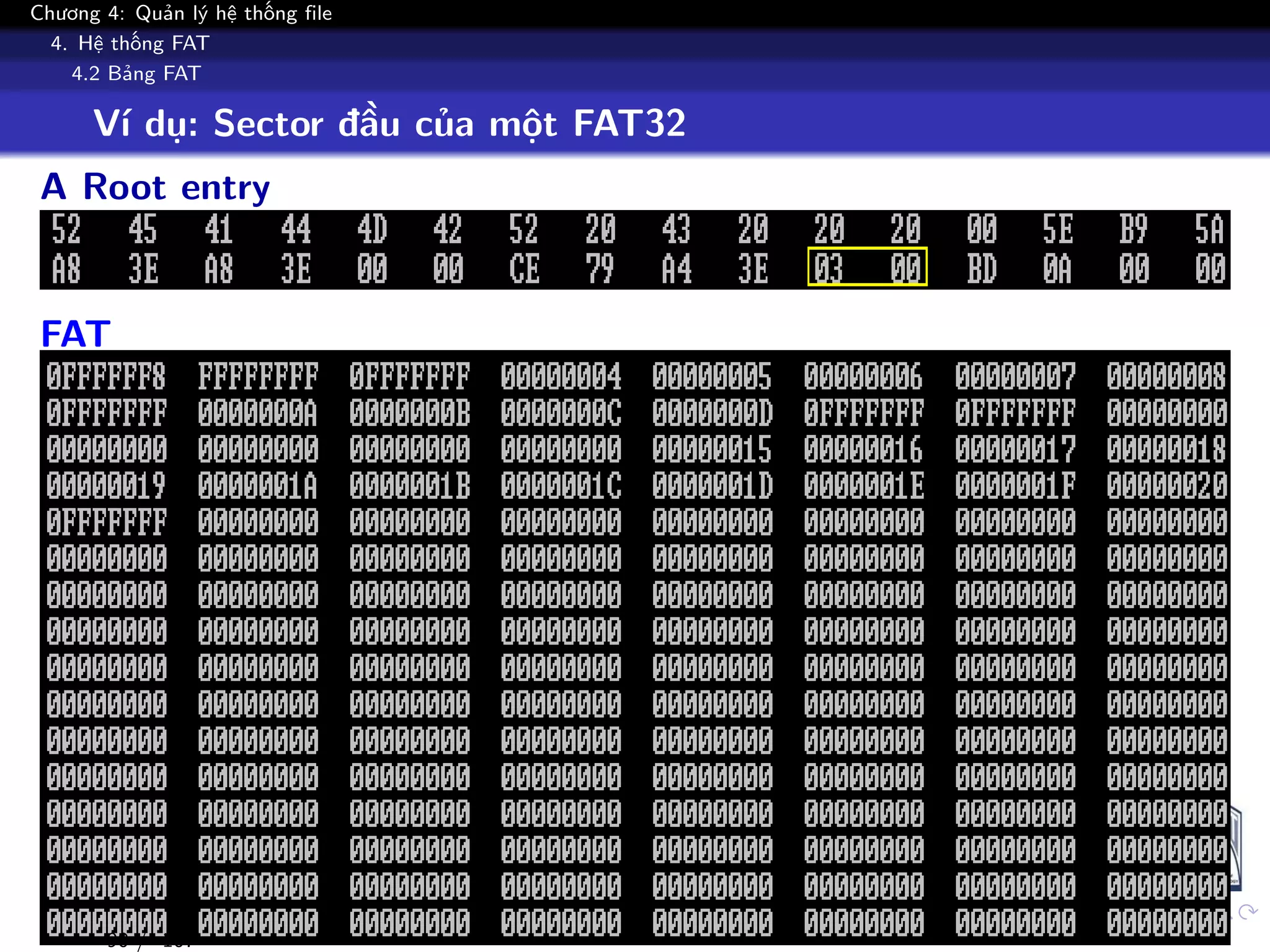 Chương 4: Quản lý hệ thống file
4. Hệ thống FAT
4.2 Bảng FAT
Ví dụ: Sector đầu của một FAT32
A Root entry
FAT
90 / 107
 