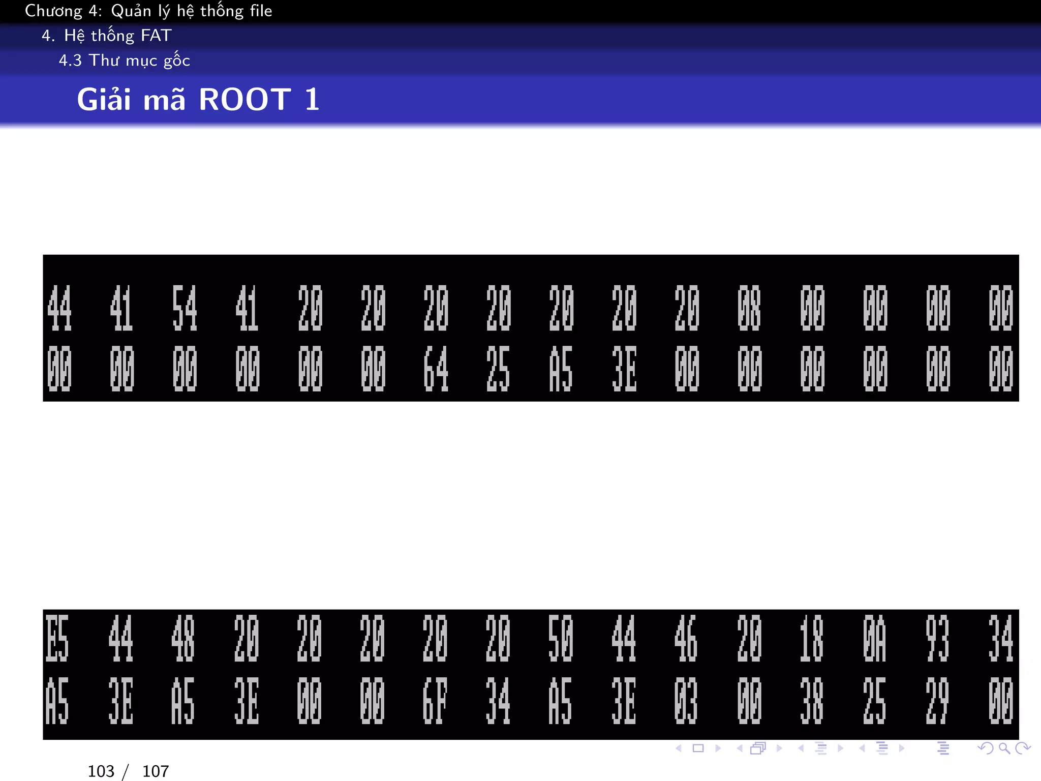 Chương 4: Quản lý hệ thống file
4. Hệ thống FAT
4.3 Thư mục gốc
Giải mã ROOT 1
103 / 107
 