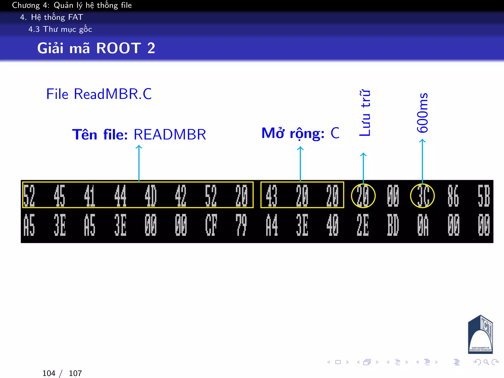 Chương 4: Quản lý hệ thống file
4. Hệ thống FAT
4.3 Thư mục gốc
Giải mã ROOT 2
File ReadMBR.C
Tên file: READMBR Mở rộng: C
Lưutrữ
600ms
104 / 107
 