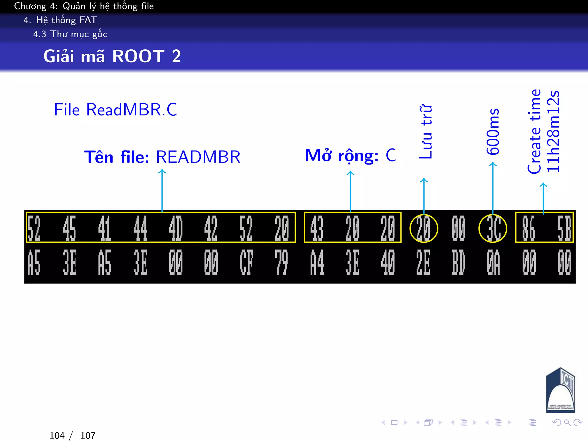 Chương 4: Quản lý hệ thống file
4. Hệ thống FAT
4.3 Thư mục gốc
Giải mã ROOT 2
File ReadMBR.C
Tên file: READMBR Mở rộng: C
Lưutrữ
600ms
Createtime
11h28m12s
104 / 107
 