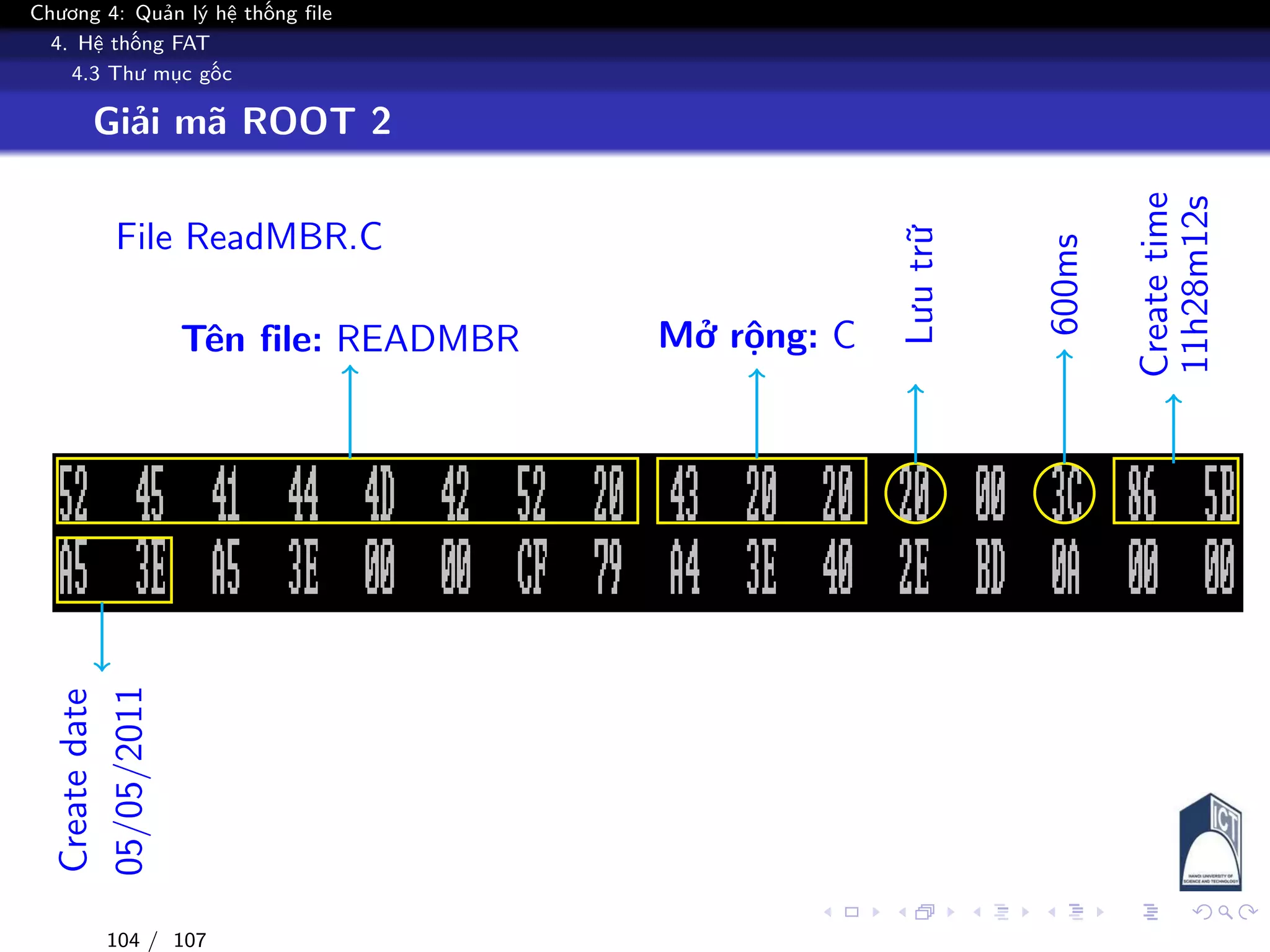 Chương 4: Quản lý hệ thống file
4. Hệ thống FAT
4.3 Thư mục gốc
Giải mã ROOT 2
File ReadMBR.C
Tên file: READMBR Mở rộng: C
Lưutrữ
600ms
Createtime
11h28m12s
Createdate
05/05/2011
104 / 107
 