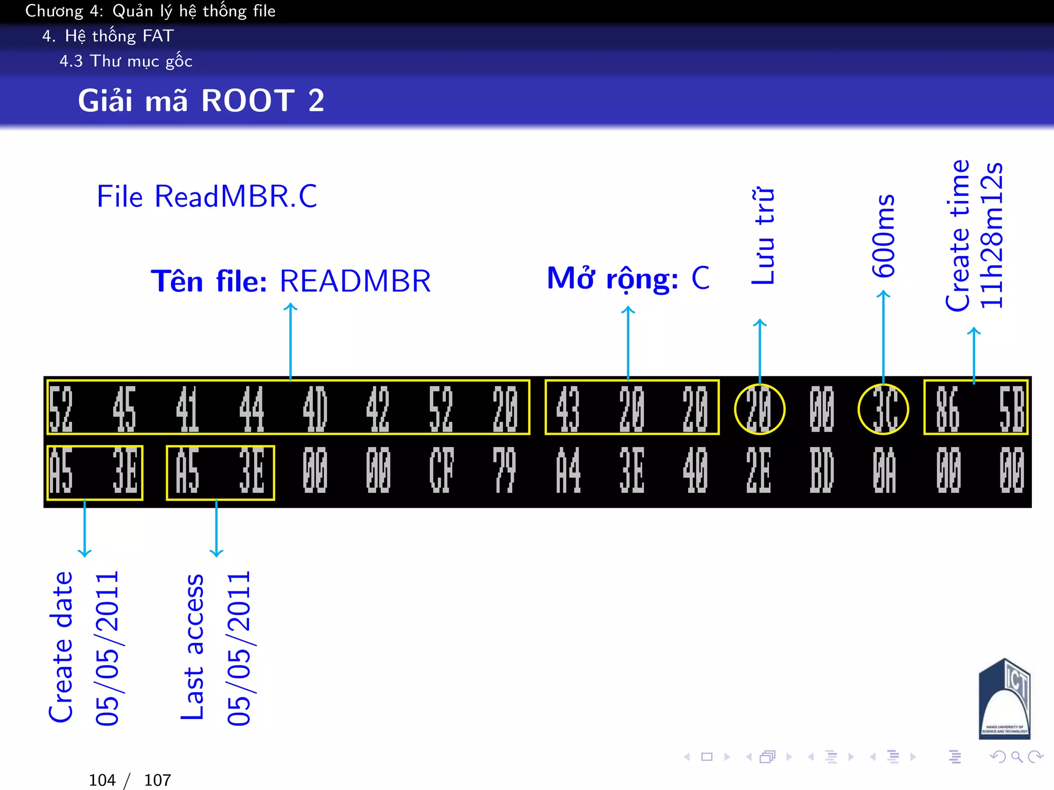 Chương 4: Quản lý hệ thống file
4. Hệ thống FAT
4.3 Thư mục gốc
Giải mã ROOT 2
File ReadMBR.C
Tên file: READMBR Mở rộng: C
Lưutrữ
600ms
Createtime
11h28m12s
Createdate
05/05/2011
Lastaccess
05/05/2011
104 / 107
 