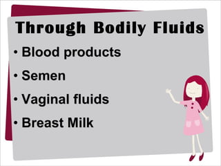 Through Bodily Fluids Blood products Semen Vaginal fluids Breast Milk 