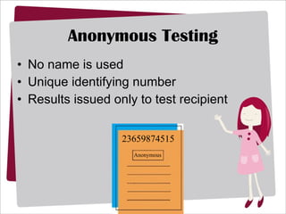 Anonymous Testing No name is used Unique identifying number Results issued only to test recipient 23659874515 Anonymous 