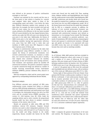 were deﬁned as the presence of positive conﬁrmation
serologies or viral load.
Exposure was assessed for the controls and the case at
the same point in time relative to baseline (i.e. controls
were assigned ‘index dates’ similar to those of the
corresponding cases), and within 1 year before the index
date. Different laboratory markers were analysed at the
index date; for example, the latest recorded viral load and
CD4 cell count values; the rate of change in CD4 cell
counts, deﬁned as the difference in the two latest recorded
CD4 cell counts divided by the time elapsed between them,
and the area under the CD4 cell count curve during the last
year prior to the index date. Additionally, the history of
AIDS events prior to the index date was captured in the
following variables: having had opportunistic infections
ever, years from last AIDS event to index date and
incidence of AIDS events since HIV diagnosis to index
date (1/person-years of follow-up).
Exposure to antiretroviral treatment by the index date
was summarized using different variables in order to
capture the history of antiretroviral treatments: ever
received antiretroviral treatment, on treatment at index
date, ever received abacavir during the prior 6 months,
time elapsed since treatment initiation (in months),
percentage of time off treatment since starting antiretro-
viral treatment, and maximum period (in months) off
antiretroviral treatment. The patient’s cumulative exposure
to speciﬁc antiretroviral drugs was deﬁned as: number of
months receiving nonnucleoside reverse transcriptase
inhibitors (NNRTIs), protease inhibitors (PIs), abacavir or
stavudine.
Both the retrospective cohort and the current project were
approved by corresponding Institutional Review Boards.
Statistical analysis
Four different outcomes were analysed: all SNA cases,
cardiovascular events, terminal liver failure or cirrhosis
and non-AIDS-deﬁning malignancies. Conditional logistic
regression models (univariate and multivariate) were ﬁtted
to investigate the relationship between the risk of an SNA
event and the recorded factors (PHREG procedure, SAS,
version 9.1; SAS Institute, Cary, NC, USA). Under the
sampling scheme used to select controls, the proportional
hazards model has been shown to produce consistent
estimates of the relative risks [23,24].
Results are presented as odds ratios (OR) and 95%
conﬁdence interval (CI) estimates. Stepwise forward
selection was used to select independent predictors of the
event occurrence, with 0.50 and 0.15 as P-values for entry
into the model and being retained in the model,
respectively. Known recorded risk factors for the SNA
events were forced into the model [25]. Thus, smoking
status, diabetes mellitus and hyperlipidaemia were forced
into the cardiovascular events model; hyperlipidaemia, HBV
and HBC coinfections and alcohol abuse were forced into
the model for terminal liver conditions; and smoking status
was forced into the non-AIDS malignancies model. All of
the former factors were forced into the model that estimated
risk for SNA as a composite outcome. In addition, the
indicator of ever received antiretroviral treatment was
always forced into the models because all the variables
associated with antiretroviral treatment were deﬁned as
interactions; i.e. 0 or missing if never treated. The following
variables were considered as potential predictors: race,
mode of transmission, HIV infection history, immunological
factors and exposure to antiretroviral treatment. Although
age and gender are known to be associated with most
non-AIDS events, they were not included in the models
because they were used as matching variables.
Results
As of February 2008, 6007 patients had been included in
the LATINA retrospective cohort, with a mean of 3.2 years
and a median of 2.5 years of follow-up. Of the 6007
patients, 30% were women and 21% had a history of AIDS-
deﬁning conditions before the baseline visit. The incidence
of AIDS events was 4.7 per 100 person-years of follow-up.
A total of 130 patients had an SNA event (94 conﬁrmed
and 36 probable) and were deﬁned as cases, with an incidence
rate of 8.6 events per 1000 person-years (95% CI 7.2, 10.0).
Twenty-eight of these patients (21%) were female. Forty
patients (30.7%) had a cardiovascular condition [11 had an
MI (ﬁve conﬁrmed), 13 had cardiovascular disease requir-
ing an invasive procedure and 16 had a stroke (nine
conﬁrmed); incidence of cardiovascular events: 2.2 events
per 1000 person-years (95% CI 1.5, 2.9)]; 54 patients
(41.5%) had liver failure/cirrhosis (34 conﬁrmed) [inci-
dence: 2.9 events per 1000 person-years (95% CI 2.1, 3.7)];
35 patients (27%) had a non-AIDS-deﬁning malignancy
(34 conﬁrmed) [incidence 1.9 events per 1000 person-years
(95% CI 1.2, 2.5)] and two (1.5%) had terminal renal
insufﬁciency (both conﬁrmed). One patient experienced
simultaneously a liver failure and a cardiovascular disease.
The median time of follow-up until the index date
for cases and controls was 1.42 and 2.45 years, respectively
(P 5 0.12; univariate conditional logistic regression).
Univariate analyses
Table 1 compares the general characteristics of all cases
and controls. The frequency of injecting drug use was
Nested case–control study from the LATINA cohort 3
r 2010 British HIV Association HIV Medicine (2010)
 
