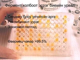 Фермент холбоот эсрэг биеийн урвал

• Сендвич буюу үечилсэн арга
• Рекомбинант уураг
• Зохиомол пептид



 Өвөрмөц чанар >99.5%
 