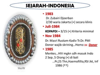 SEJARAH-INDONESIA
     • 1983
       Dr. Zubairi Djoerban
       2/30 waria Jakarta (+) secara klinis
     • Juli-1984
      KOPAPDI – 3/15 (+) Kriteria minimal
     • Nov 1984
      Dr. Masri Rustam-Kadiv Tr.Dr. PMI
      Donor wajib skrining…Homo xx Donor
     • 1985
      Menkes…HIV mgkn sdh masuk Indo
      2 Sep..5 Orang (+) di bali
           …Pr,25 Thn,Haemofillia,RSI Jkt, Inf
              1986 (††)
 