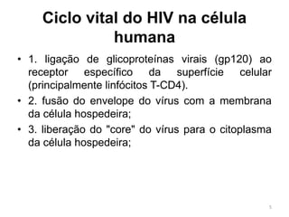 Ciclo vital do HIV na célula
humana
• 1. ligação de glicoproteínas virais (gp120) ao
receptor específico da superfície celular
(principalmente linfócitos T-CD4).
• 2. fusão do envelope do vírus com a membrana
da célula hospedeira;
• 3. liberação do "core" do vírus para o citoplasma
da célula hospedeira;
5
 