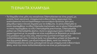 ΤΙ ΕΙΝΑΙΤΑ ΧΛΑΜΥΔΙΑ
 Τα Χλαμύδια είναι μέλη της οικογένειας Chlamydiaceae και είναι μικροί, μη
κινητοί, Gram αρνητικοί, υποχρεωτικά ενδοκυττάριοι οργανισμοί που
αναπτύσσονται στο κυτταρόπλασμα των κυττάρων-ξενιστών. Δύο γένη
χλαμυδίων έχουν κλινική σημασία για τον άνθρωπο, το γένος Chlamydia το
οποίο περιλαμβάνει το είδος Chlamydia trachomatis, και το γένος Chlamydophila
το οποίο περιλαμβάνει τα είδη Chlamydophila pneumoniae, Chlamydophila
psittaci και Chlamydophila abortus.Αυτοί οι οργανισμοί έχουν πολλά κοινά
χαρακτηριστικά με τα μικρόβια και είναι ευαίσθητα σε θεραπεία με αντιβιοτικά
ενώ μοιάζουν και με τους ιούς, απαιτώντας ζωντανά κύτταρα για τον
πολλαπλασιασμό τους. Ο κύκλος ζωής των χλαμυδίων μπορεί να διαιρεθεί σε
δυο ξεχωριστές φάσεις: μια εξωκυτταρική φάση, κατά την οποία δεν
πολλαπλασιάζονται και είναι μολυσματικά και μια υποχρεωτικά ενδοκυττάρια
φάση, κατά την οποία πολλαπλασιάζονται και είναι μη μολυσματικά.
 