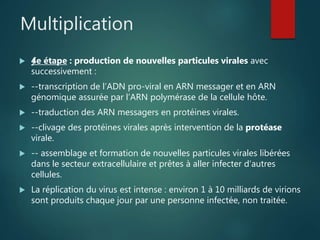 Multiplication
 ƒƒ4e étape : production de nouvelles particules virales avec
successivement :
 --transcription de l’ADN pro-viral en ARN messager et en ARN
génomique assurée par l’ARN polymérase de la cellule hôte.
 --traduction des ARN messagers en protéines virales.
 --clivage des protéines virales après intervention de la protéase
virale.
 -- assemblage et formation de nouvelles particules virales libérées
dans le secteur extracellulaire et prêtes à aller infecter d’autres
cellules.
 La réplication du virus est intense : environ 1 à 10 milliards de virions
sont produits chaque jour par une personne infectée, non traitée.
 