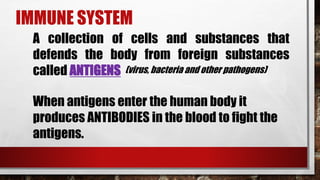 IMMUNE SYSTEM
A collection of cells and substances that
defends the body from foreign substances
called ANTIGENS (virus, bacteria and other pathogens)
When antigens enter the human body it
produces ANTIBODIES in the blood to fight the
antigens.
 