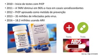 • 2010 – Inicio de testes com PrEP
• 2011 – A TARV diminui em 96% o risco em casais sorodiscordantes
• 2012 – PrEP aprovado como metódo de prevenção
• 2013 – 35 milhões de infectados pelo virus.
• 2016 – 18.2 milhões usando ARV
Avert.org – Origin of HIV &AIDS
 