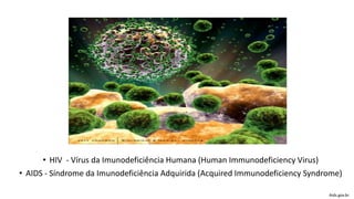 Aids.gov.br
• HIV - Vírus da Imunodeficiência Humana (Human Immunodeficiency Virus)
• AIDS - Síndrome da Imunodeficiência Adquirida (Acquired Immunodeficiency Syndrome)
 