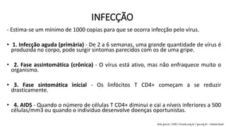 INFECÇÃO
- Estima-se um mínimo de 1000 copias para que se ocorra infecção pelo vírus.
• 1. Infecção aguda (primária) - De 2 a 6 semanas, uma grande quantidade de vírus é
produzida no corpo, pode surgir sintomas parecidos com os de uma gripe.
• 2. Fase assintomática (crônica) - O vírus está ativo, mas não enfraquece muito o
organismo.
• 3. Fase sintomática inicial - Os linfócitos T CD4+ começam a se reduzir
drasticamente.
• 4. AIDS - Quando o número de células T CD4+ diminui e cai a níveis inferiores a 500
células/mm3 ou quando o individuo desenvolve doenças oportunistas.
Aids.gov.br / IIER / Unaids.org.br / giv.org.br - indetectável
 