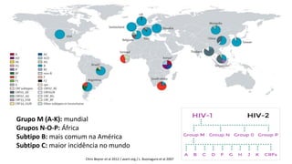 Chris Beyrer et al 2012 / avert.org / L. Buonaguro et al 2007
Grupo M (A-K): mundial
Grupos N-O-P: África
Subtipo B: mais comum na América
Subtipo C: maior incidência no mundo
 