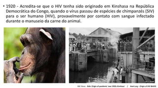 • 1920 - Acredita-se que o HIV tenha sido originado em Kinshasa na República
Democrática do Congo, quando o vírus passou de espécies de chimpanzés (SIV)
para o ser humano (HIV), provavelmente por contato com sangue infectado
durante o manuseio da carne do animal.
BBC News - Aids: Origin of pandemic 'was 1920s Kinshasa‘ / Avert.org – Origin of HIV &AIDS
 