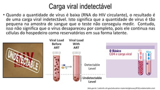 Carga viral indetectável
• Quando a quantidade de vírus é baixa (RNA do HIV circulante), o resultado é
de uma carga viral indetectável. Isto significa que a quantidade de vírus é tão
pequena na amostra de sangue que o teste não conseguiu medir. Contudo,
isso não significa que o vírus desapareceu por completo, pois ele continua nas
células do hospedeiro como reservatórios em sua forma latente.
Aids.gov.br / aidsinfo.nih.gov/education-materials/glossary/876/undetectable-viral-
 