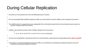 During Cellular Replication
• the provirus is transcribed by the host-cell RNA polymerase II enzyme
•
• the viral messenger RNA (vmRNA) and genomic RNA, are carried with the cellular mRNAs, to be translated into proteins.
•
• This vmRNA codes for a gag-pol precursor polypeptide that is ultimately cleaved by the viral-encoded protease enzyme to
produce the gag and pol viral proteins
•
• vmRNA is also spliced to produce other vmRNAs coding for the viral proteins
ü
ü tat, rev, vif, vpr, vpu (for HIV-1), as well as the env precursor polypeptide
•
• env precursor polypeptide is cleaved by cellular (not viral) proteases, producing the envelope glycoproteins gp41 and gp120
•
• Viral proteins and replicated diploid viral genomic RNA, are assembled and enveloped by budding through the host-cell
membrane, producing complete HIV virions.6
•
 