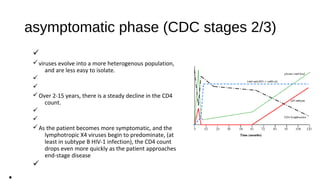 asymptomatic phase (CDC stages 2/3)
ü
üviruses evolve into a more heterogenous population,
and are less easy to isolate.
ü
ü
üOver 2-15 years, there is a steady decline in the CD4
count.
ü
ü
üAs the patient becomes more symptomatic, and the
lymphotropic X4 viruses begin to predominate, (at
least in subtype B HIV-1 infection), the CD4 count
drops even more quickly as the patient approaches
end-stage disease
ü
 