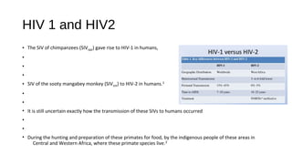 HIV 1 and HIV2
• The SIV of chimpanzees (SIVcpz) gave rise to HIV-1 in humans,
•
•
•
• SIV of the sooty mangabey monkey (SIVsm) to HIV-2 in humans.1
•
•
• It is still uncertain exactly how the transmission of these SIVs to humans occurred
•
•
• During the hunting and preparation of these primates for food, by the indigenous people of these areas in
Central and Western Africa, where these primate species live.2
 