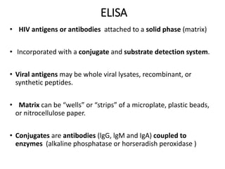 ELISA
• HIV antigens or antibodies attached to a solid phase (matrix)
• Incorporated with a conjugate and substrate detection system.
• Viral antigens may be whole viral lysates, recombinant, or
synthetic peptides.
• Matrix can be “wells” or “strips” of a microplate, plastic beads,
or nitrocellulose paper.
• Conjugates are antibodies (lgG, lgM and IgA) coupled to
enzymes (alkaline phosphatase or horseradish peroxidase )
 