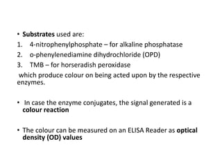 • Substrates used are:
1. 4-nitrophenylphosphate – for alkaline phosphatase
2. o-phenylenediamine dihydrochloride (OPD)
3. TMB – for horseradish peroxidase
which produce colour on being acted upon by the respective
enzymes.
• In case the enzyme conjugates, the signal generated is a
colour reaction
• The colour can be measured on an ELISA Reader as optical
density (OD) values
 