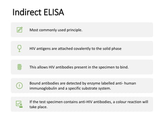 Indirect ELISA
Most commonly used principle.
HIV antigens are attached covalently to the solid phase
This allows HIV antibodies present in the specimen to bind.
Bound antibodies are detected by enzyme labelled anti- human
immunoglobulin and a specific substrate system.
If the test specimen contains anti-HIV antibodies, a colour reaction will
take place.
 