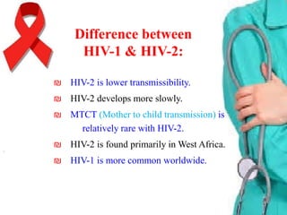 Difference between
HIV-1 & HIV-2:
₪ HIV-2 is lower transmissibility.
₪ HIV-2 develops more slowly.

₪ MTCT )Mother to child transmission) is
relatively rare with HIV-2.
₪ HIV-2 is found primarily in West Africa.

₪ HIV-1 is more common worldwide.

 