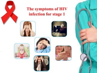The symptoms of HIV
infection for stage 1

Headache

Fatigue

Fever
vomiting

Sore throat
Diarrhea that
lasts for more
than a week

 