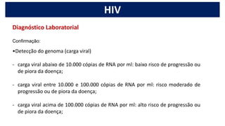 •Detecção do genoma (carga viral)
- carga viral abaixo de 10.000 cópias de RNA por ml: baixo risco de progressão ou
de piora da doença;
- carga viral entre 10.000 e 100.000 cópias de RNA por ml: risco moderado de
progressão ou de piora da doença;
- carga viral acima de 100.000 cópias de RNA por ml: alto risco de progressão ou
de piora da doença;
HIV
Confirmação:
Diagnóstico Laboratorial
 