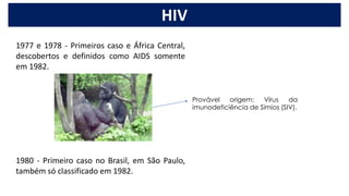 1977 e 1978 - Primeiros caso e África Central,
descobertos e definidos como AIDS somente
em 1982.
1980 - Primeiro caso no Brasil, em São Paulo,
também só classificado em 1982.
Provável origem: Vírus da
imunodeficiência de Símios (SIV).
HIV
 