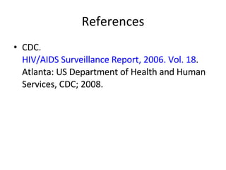 References CDC.  HIV/AIDS Surveillance Report, 2006. Vol. 18 . Atlanta: US Department of Health and Human Services, CDC; 2008. 