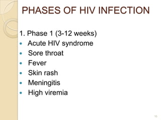 PHASES OF HIV INFECTION
1. Phase 1 (3-12 weeks)
 Acute HIV syndrome
 Sore throat
 Fever
 Skin rash
 Meningitis
 High viremia

10

 