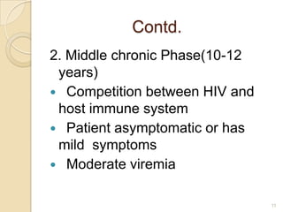 Contd.
2. Middle chronic Phase(10-12
years)
 Competition between HIV and
host immune system
 Patient asymptomatic or has
mild symptoms
 Moderate viremia
11

 