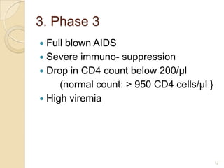3. Phase 3
Full blown AIDS
 Severe immuno- suppression
 Drop in CD4 count below 200/µl
(normal count: > 950 CD4 cells/µl }
 High viremia


12

 