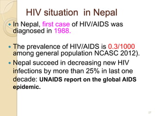 HIV situation in Nepal


In Nepal, first case of HIV/AIDS was
diagnosed in 1988.

The prevalence of HIV/AIDS is 0.3/1000
among general population NCASC 2012).
 Nepal succeed in decreasing new HIV
infections by more than 25% in last one
decade: UNAIDS report on the global AIDS


epidemic.

27

 
