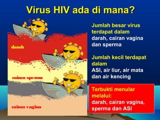 cairan sperma
darah
Virus HIV ada di mana?Virus HIV ada di mana?
cairan vagina
Jumlah besar virus
terdapat dalam
darah, cairan vagina
dan sperma
Jumlah kecil terdapat
dalam
ASI, air liur, air mata
dan air kencing
Terbukti menular
melalui:
darah, cairan vagina,
sperma dan ASI
 