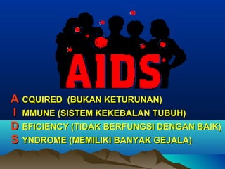 AA CQUIRED (BUKAN KETURUNAN)CQUIRED (BUKAN KETURUNAN)
II MMUNE (SISTEM KEKEBALAN TUBUH)MMUNE (SISTEM KEKEBALAN TUBUH)
DD EFICIENCY (TIDAK BERFUNGSI DENGAN BAIK)EFICIENCY (TIDAK BERFUNGSI DENGAN BAIK)
SS YNDROME (MEMILIKI BANYAK GEJALA)YNDROME (MEMILIKI BANYAK GEJALA)
 