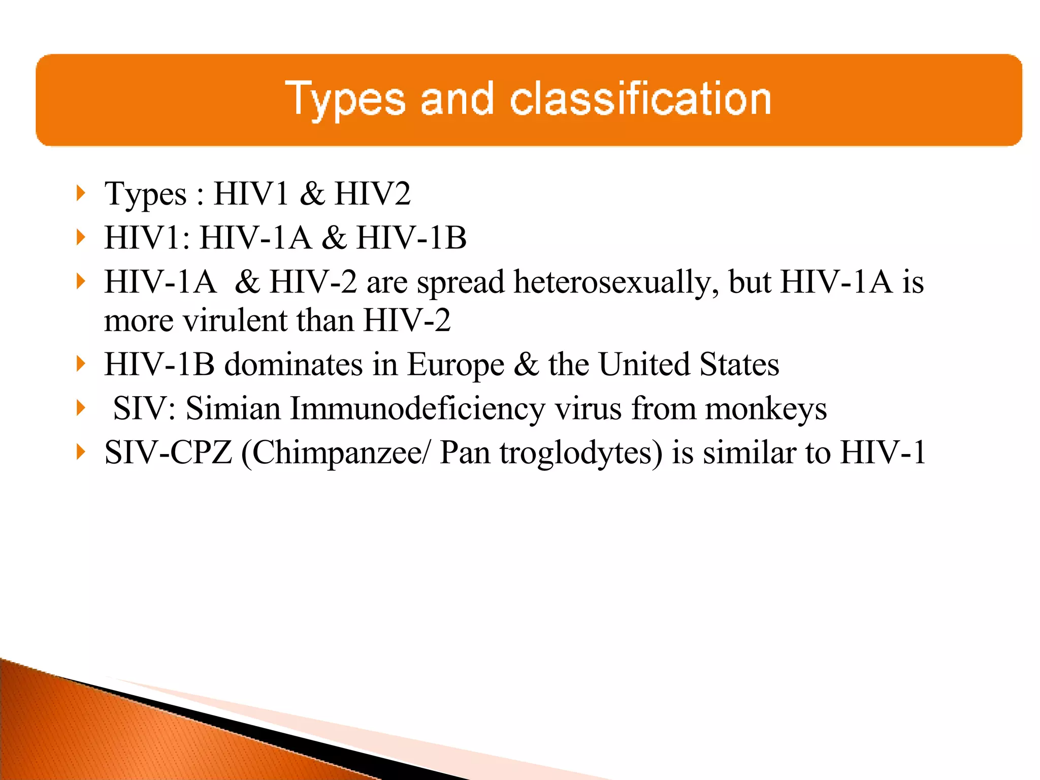 Types : HIV1 & HIV2 HIV1: HIV-1A & HIV-1B HIV-1A  & HIV-2 are spread heterosexually, but HIV-1A is more virulent than HIV-2 HIV-1B dominates in Europe & the United States SIV: Simian Immunodeficiency virus from monkeys  SIV-CPZ (Chimpanzee/ Pan troglodytes) is similar to HIV-1 