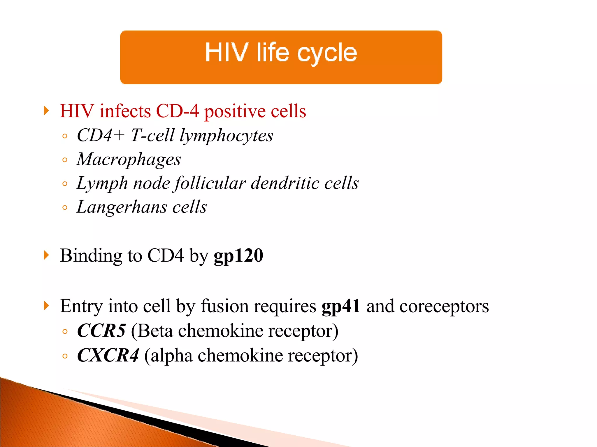 HIV infects CD-4 positive cells CD4+ T-cell lymphocytes Macrophages Lymph node follicular dendritic cells Langerhans cells Binding to CD4 by  gp120 Entry into cell by fusion requires  gp41  and coreceptors CCR5  (Beta chemokine receptor) CXCR4  (alpha chemokine receptor) 