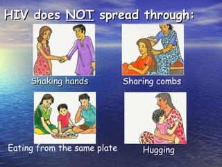 HIV does
HIV does NOT
NOT spread through:
spread through:
Shaking hands
Shaking hands Sharing combs
Eating from the same plate Hugging
 
