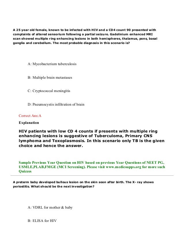 Hiv aids sample questions based on neet pg , usmle, plab and fmge pat…