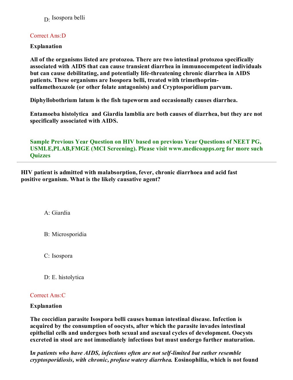 Hiv aids sample questions based on neet pg , usmle, plab and fmge pat…