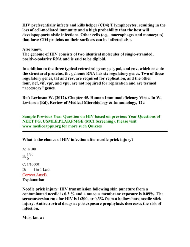 Hiv aids sample questions based on neet pg , usmle, plab and fmge