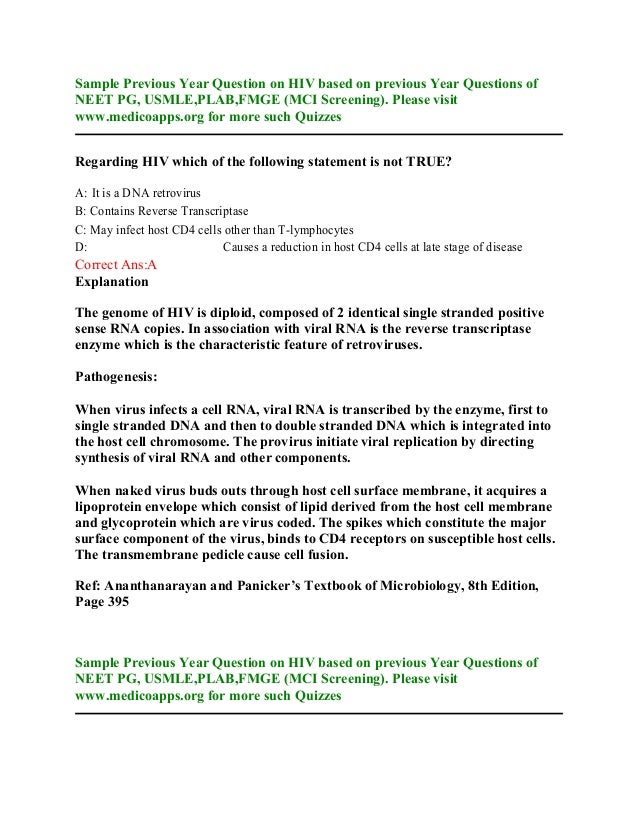 Hiv Aids Sample Questions Based On Neet Pg Usmle Plab And Fmge Pat